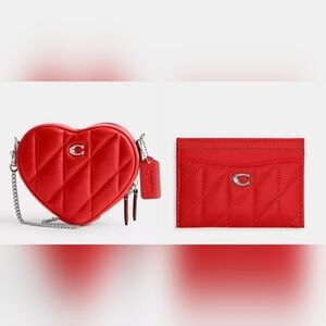 NWT❤️Coach Heart Crossbody 14 Pillow Quilting Red CE766 With Red Cardholder Set